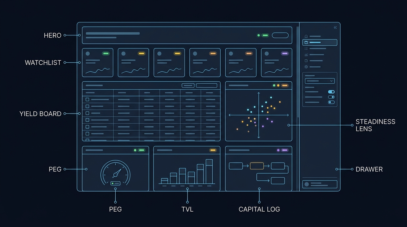 Infographic wireframe of the Observatory: hero, watchlist, board, lens, peg, TVL, capital log, drawer